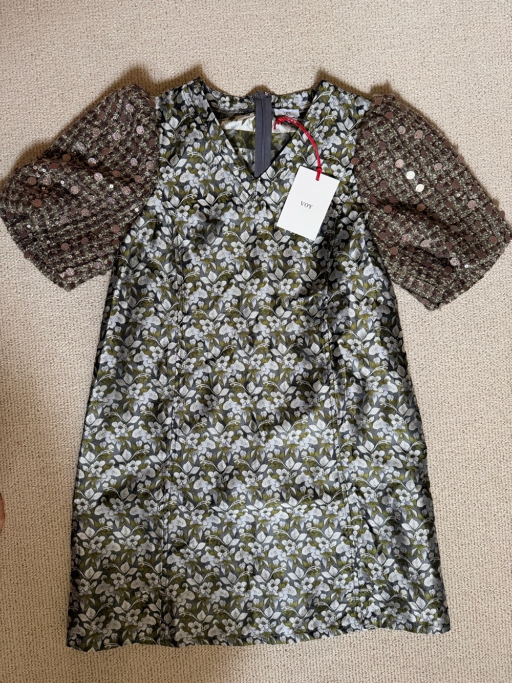 Olive Green Floral Dress with Puff Sleeves